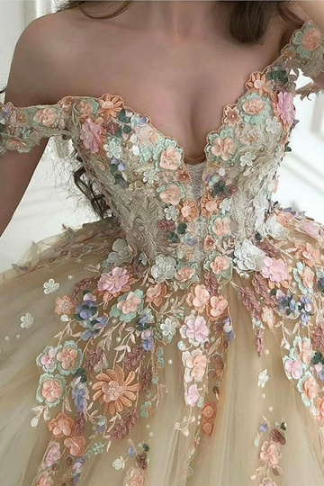 Gorgeous Off Shoulder Champagne Lace Floral Prom Dress, Long 3D Flower Champagne Formal Evening Dress, Champagne Ball Gown HZ1023